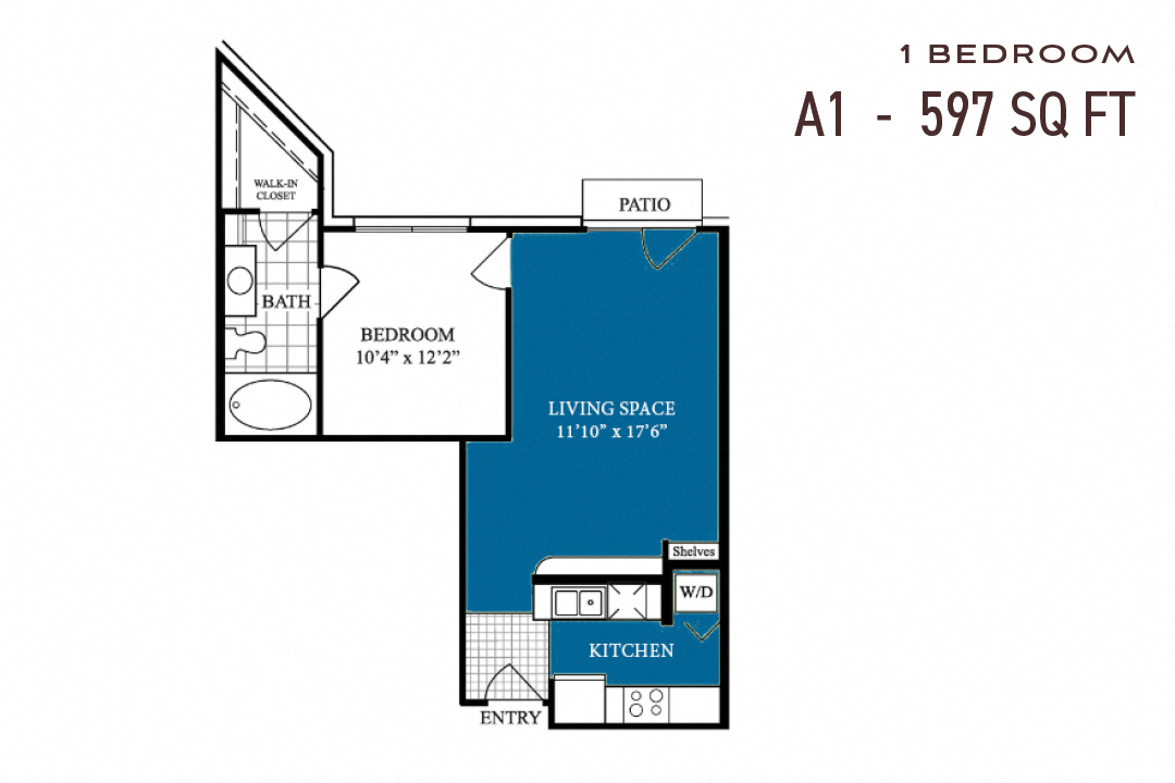Floor plan for 1 bed, 1 bath, 597 sqft